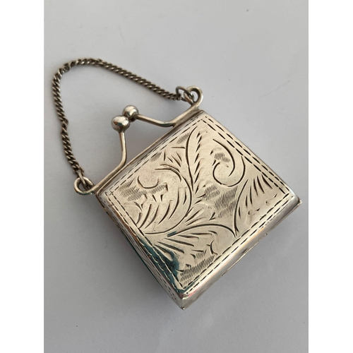 434 - Vintage SILVER PILL BOX in the form of a PURSE with Silver Chain Detail. Nicely decorated to both si... 