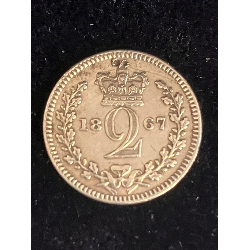 686 - 1867 SILVER MAUNDY 2 PENCE PIECE. Very fine condition. Extremely rare ( 1867 mint less than 5000).