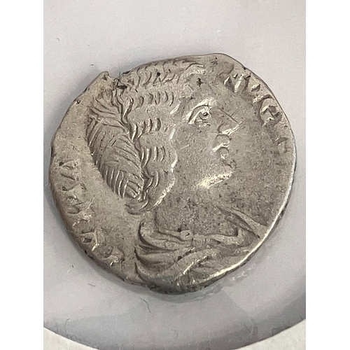 770 - Antique SILVER ROMAN COIN. Nicely presented in windowed card.