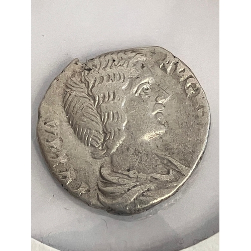 770 - Antique SILVER ROMAN COIN. Nicely presented in windowed card.