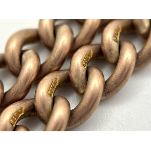 19 - AN ANTIQUE 9K ROSE GOLD WATCH CHAIN WITH 2 CLASPS AND T-BAR. 41cms; B54.6gms.