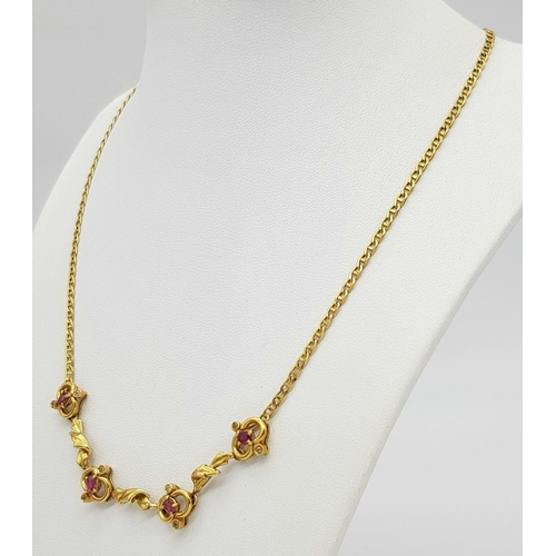 33 - A Vintage Italian 18K Yellow Gold Lavaliere Ruby Necklace. 44cm length. 12.75g total weight.