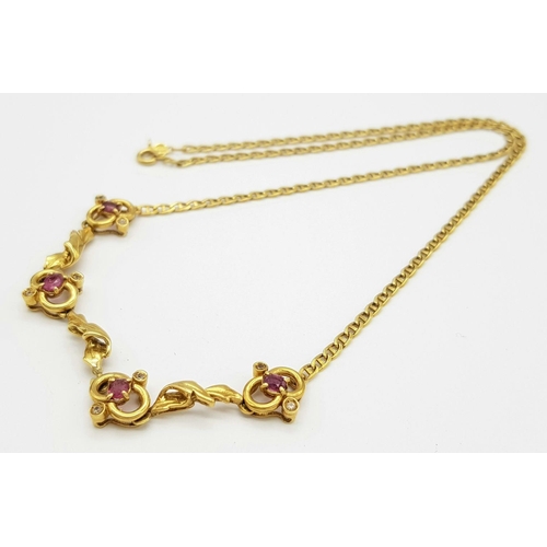 33 - A Vintage Italian 18K Yellow Gold Lavaliere Ruby Necklace. 44cm length. 12.75g total weight.