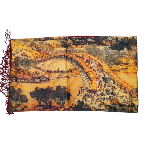 209 - A rare, double sided, 100% silk, long scurf with a traditional Chinese river scene on one side and s... 