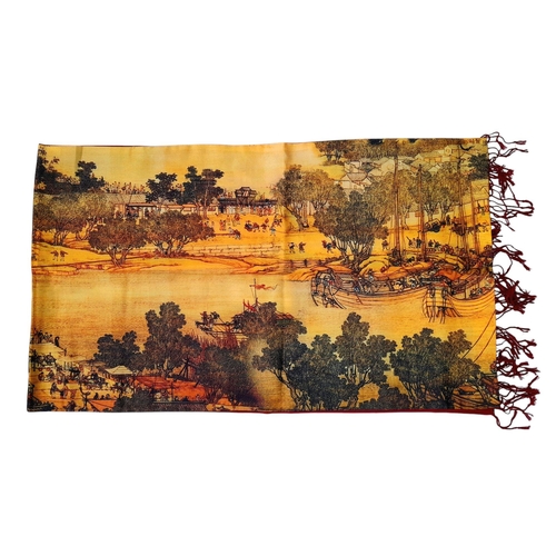 209 - A rare, double sided, 100% silk, long scurf with a traditional Chinese river scene on one side and s... 