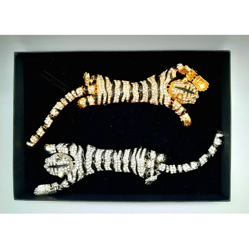 230 - A show-stopping pair of tiger oversized brooches, studded with cubic zirconia in a presentation box.... 