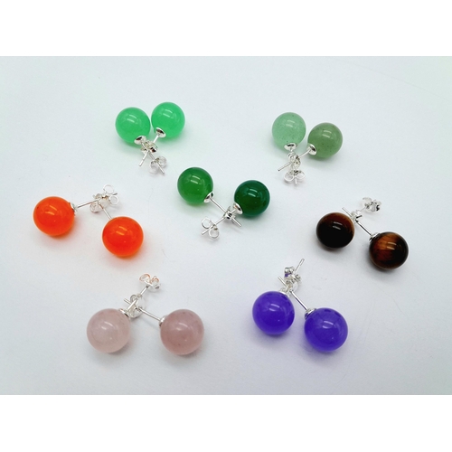 493 - Seven Colourful Pairs of Jade Ball Stud Earrings - set in 925 silver.