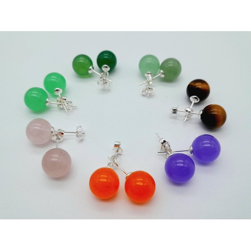 493 - Seven Colourful Pairs of Jade Ball Stud Earrings - set in 925 silver.