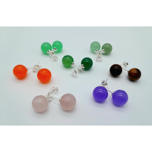 493 - Seven Colourful Pairs of Jade Ball Stud Earrings - set in 925 silver.