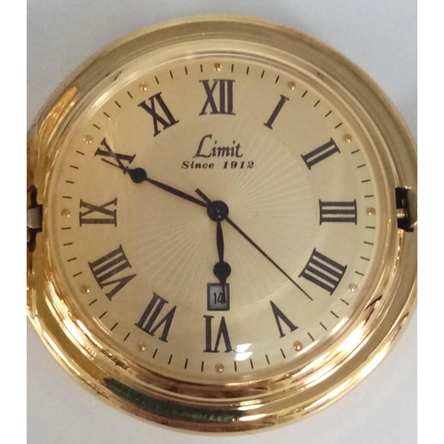 672 - Full HUNTER POCKET WATCH by LIMIT of SWITZERLAND.  Gold tone. Quartz movement. Complete with Case an... 