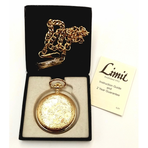 672 - Full HUNTER POCKET WATCH by LIMIT of SWITZERLAND.  Gold tone. Quartz movement. Complete with Case an... 