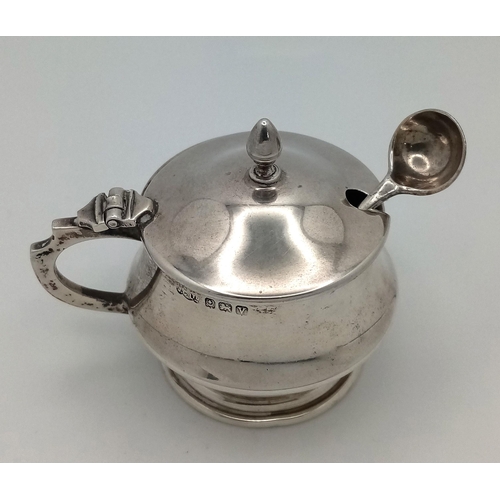 707 - Antique SILVER MUSTARD POT Complete with blue glass liner and Silver Spoon . Clear hallmark for Jose... 