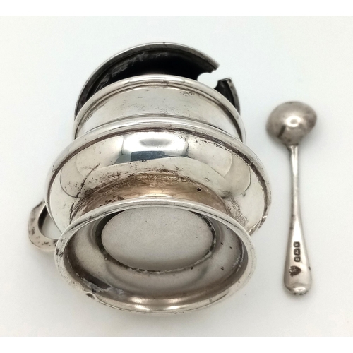 707 - Antique SILVER MUSTARD POT Complete with blue glass liner and Silver Spoon . Clear hallmark for Jose... 