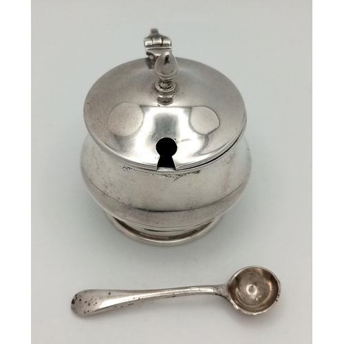 707 - Antique SILVER MUSTARD POT Complete with blue glass liner and Silver Spoon . Clear hallmark for Jose... 