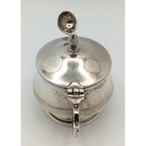 707 - Antique SILVER MUSTARD POT Complete with blue glass liner and Silver Spoon . Clear hallmark for Jose... 