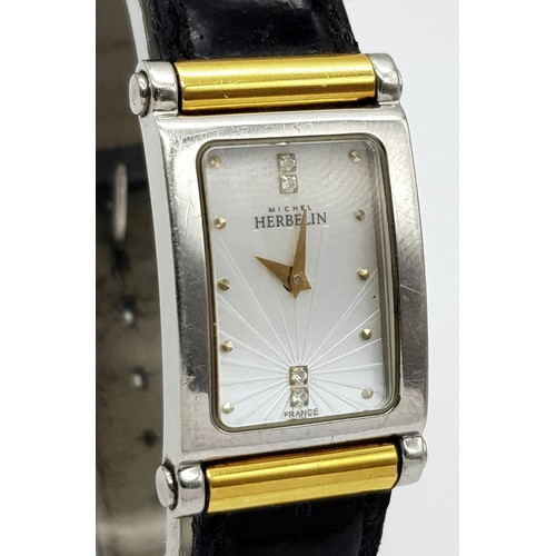 1166 - A MICHEL HERBELIN OF PARIS LADIES BI-METAL WATCH WITH SUNBURST AND DIAMONDS DIAL, QUARTZ MOVEMENT ON... 