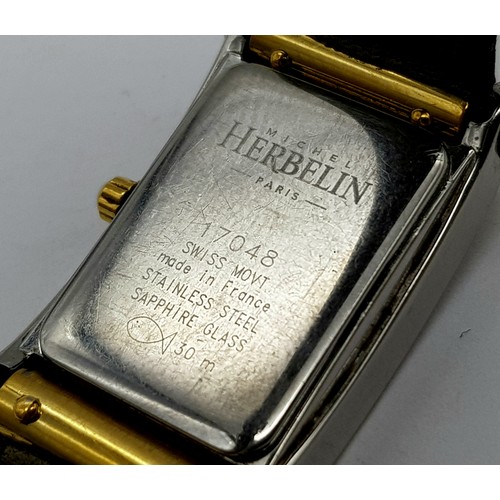 1166 - A MICHEL HERBELIN OF PARIS LADIES BI-METAL WATCH WITH SUNBURST AND DIAMONDS DIAL, QUARTZ MOVEMENT ON... 