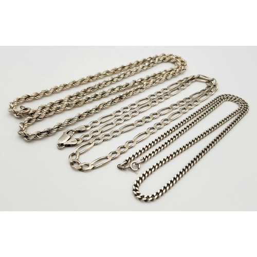 146 - Three Attractive Solid Silver 925 Necklaces, 45cm, 52cm and 60cm, Total weight: 58 grams. All in ver... 