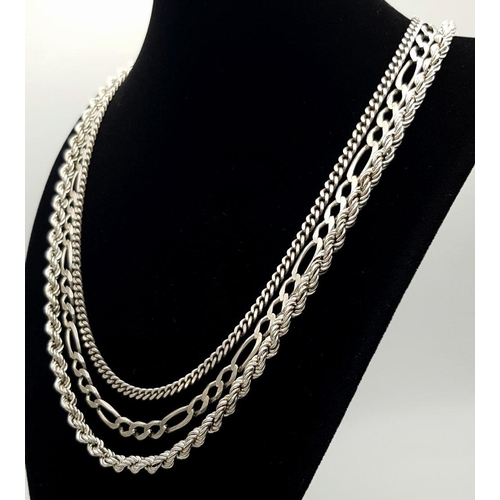 146 - Three Attractive Solid Silver 925 Necklaces, 45cm, 52cm and 60cm, Total weight: 58 grams. All in ver... 