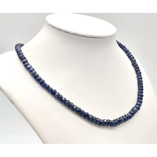 263 - A 155cts Single Strand Blue Sapphire Necklace with 925 Silver Clasp. 47cm in length, 31g total weigh... 