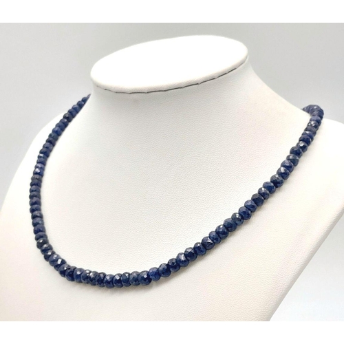 263 - A 155cts Single Strand Blue Sapphire Necklace with 925 Silver Clasp. 47cm in length, 31g total weigh... 