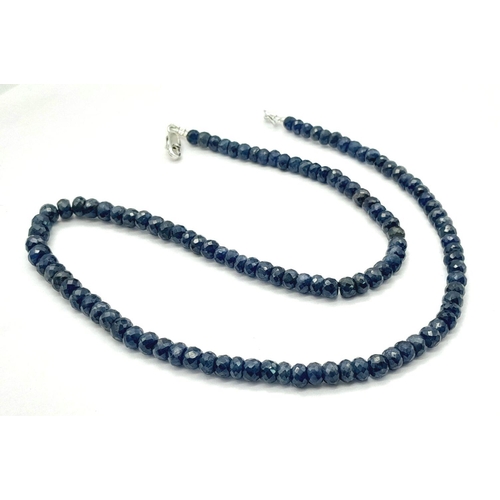 263 - A 155cts Single Strand Blue Sapphire Necklace with 925 Silver Clasp. 47cm in length, 31g total weigh... 