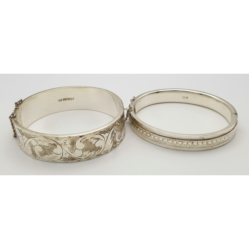 475 - Two Vintage Solid Silver 925 Bangles, Total weight: 45.5 grams, Approx. 6cm diameter, with safety ch... 