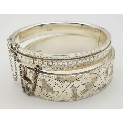 475 - Two Vintage Solid Silver 925 Bangles, Total weight: 45.5 grams, Approx. 6cm diameter, with safety ch... 