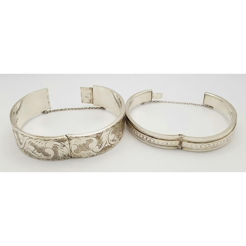 475 - Two Vintage Solid Silver 925 Bangles, Total weight: 45.5 grams, Approx. 6cm diameter, with safety ch... 