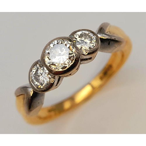 51 - AN 18K YELLOW GOLD OLD CUT DIAMOND 3 STONE RING 0.80CT 5.28G TOTAL WEIGHT. SIZE M AND 1/2. Ref: A/S ... 