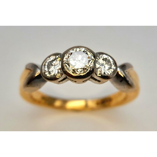 51 - AN 18K YELLOW GOLD OLD CUT DIAMOND 3 STONE RING 0.80CT 5.28G TOTAL WEIGHT. SIZE M AND 1/2. Ref: A/S ... 