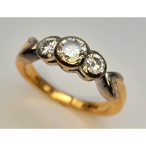 51 - AN 18K YELLOW GOLD OLD CUT DIAMOND 3 STONE RING 0.80CT 5.28G TOTAL WEIGHT. SIZE M AND 1/2. Ref: A/S ... 