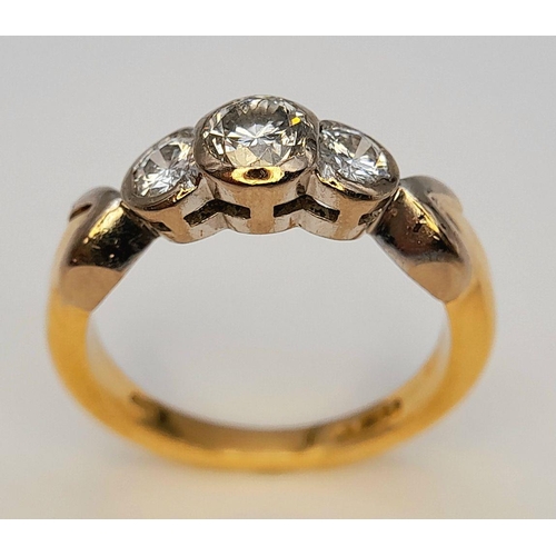 51 - AN 18K YELLOW GOLD OLD CUT DIAMOND 3 STONE RING 0.80CT 5.28G TOTAL WEIGHT. SIZE M AND 1/2. Ref: A/S ... 