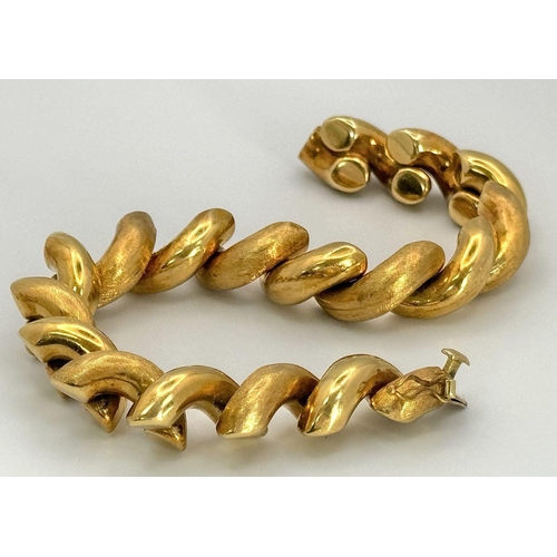 76 - A Gorgeous Designer 18K Yellow Gold Articulated Link Bracelet with Alternating Smooth and Brush Effe... 