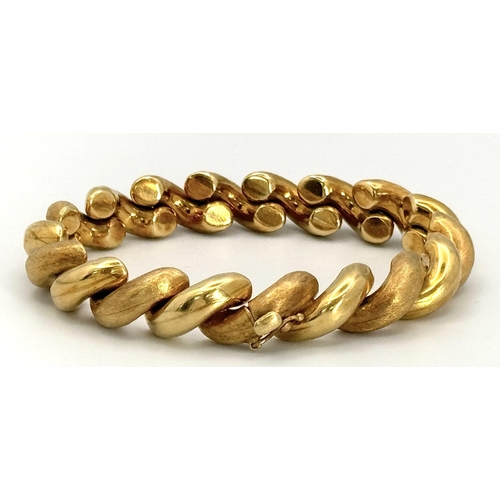 76 - A Gorgeous Designer 18K Yellow Gold Articulated Link Bracelet with Alternating Smooth and Brush Effe... 