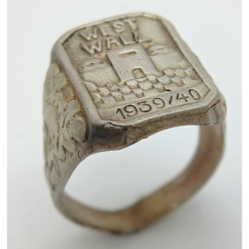 695 - 1939/40 Dated Silver Plated German West Wall Medal Ring. UK Size “P”. US Size 8.