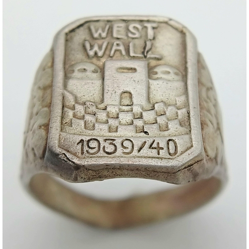 695 - 1939/40 Dated Silver Plated German West Wall Medal Ring. UK Size “P”. US Size 8.