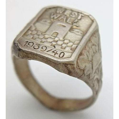 695 - 1939/40 Dated Silver Plated German West Wall Medal Ring. UK Size “P”. US Size 8.