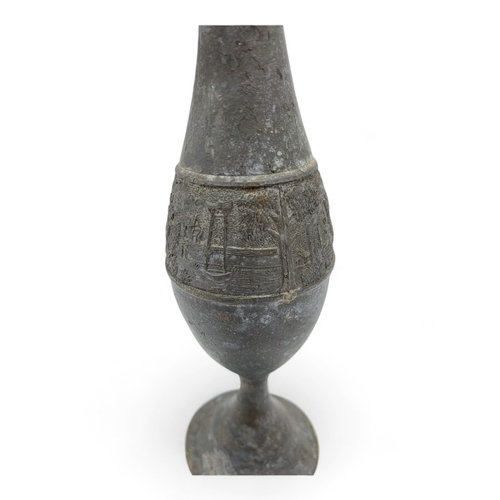 1002 - An antique Oriental Bronze Goblet with Ornamental Relief. 
Hand engraved designs featuring landscape... 