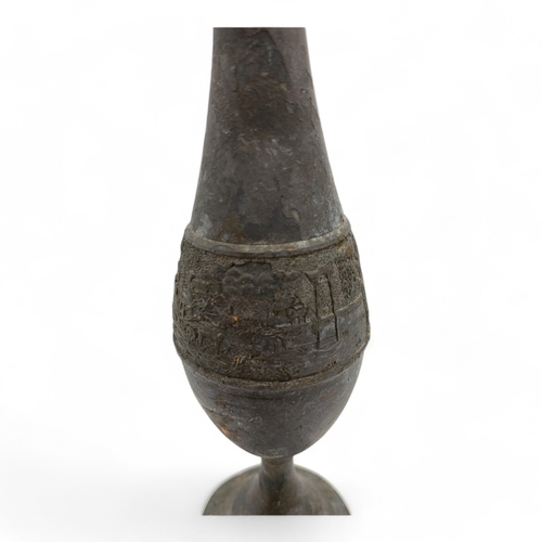 1002 - An antique Oriental Bronze Goblet with Ornamental Relief. 
Hand engraved designs featuring landscape... 