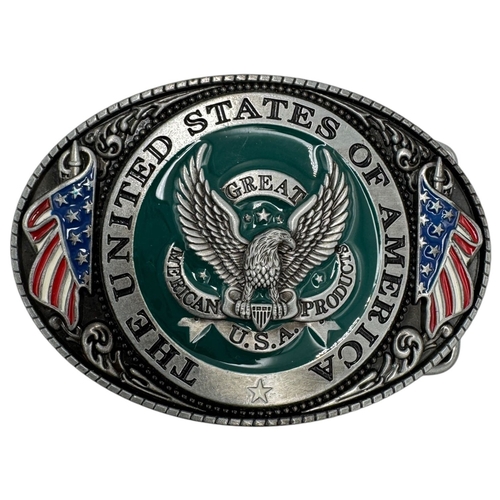 1083 - A vintage US military Belt Buckle. Silver-tone metal and enamel exterior with embossed patriotic des... 