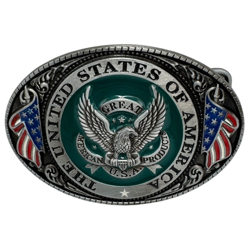 1083 - A vintage US military Belt Buckle. Silver-tone metal and enamel exterior with embossed patriotic des... 