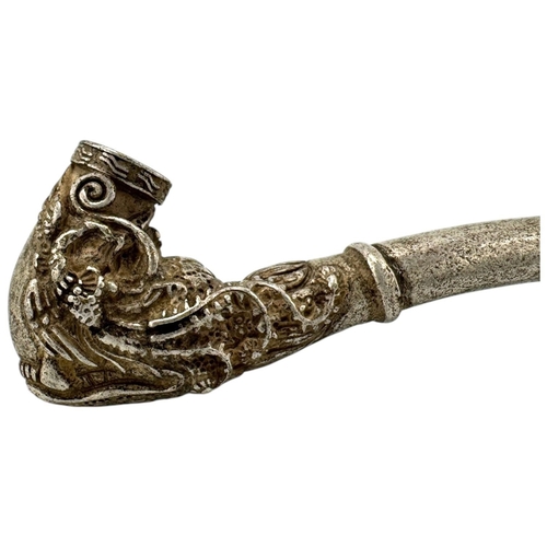 1097 - A vintage Chinese Silver Dragon Opium Pipe. Intricate dragon motif detailing, featuring engraved and... 