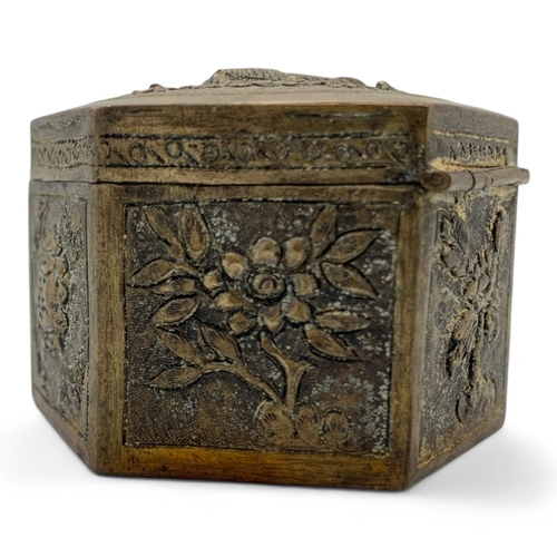 1142 - An 18th century antique Nguyen Dynasty Vietnamese bronze Jewelry Box. Hexagonal design, featuring em... 