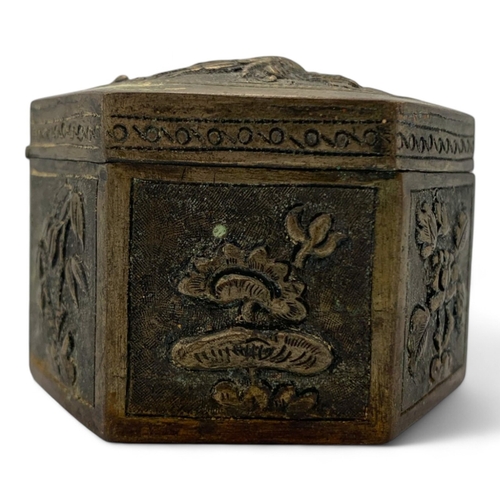 1142 - An 18th century antique Nguyen Dynasty Vietnamese bronze Jewelry Box. Hexagonal design, featuring em... 