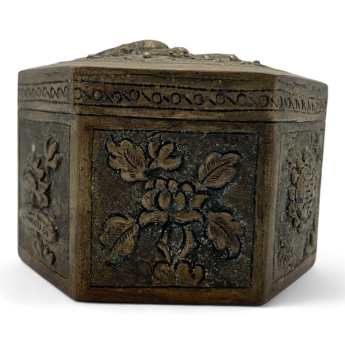 1142 - An 18th century antique Nguyen Dynasty Vietnamese bronze Jewelry Box. Hexagonal design, featuring em... 