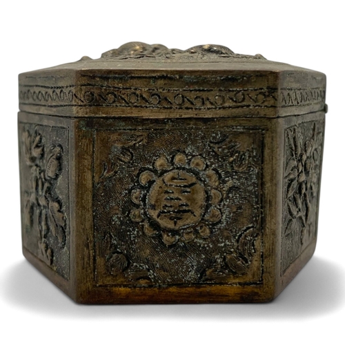 1142 - An 18th century antique Nguyen Dynasty Vietnamese bronze Jewelry Box. Hexagonal design, featuring em... 