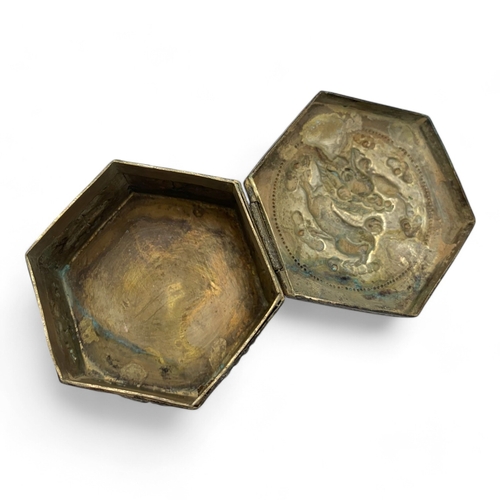 1142 - An 18th century antique Nguyen Dynasty Vietnamese bronze Jewelry Box. Hexagonal design, featuring em... 