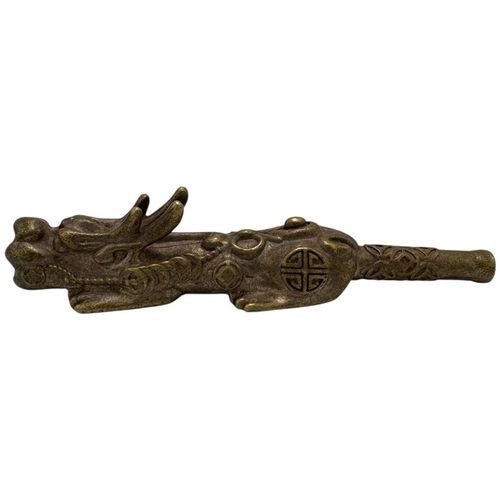 1194 - An vintage Chinese Bronze Dragon Opium Pipe. Engraved Chinese symbols, intricate dragon motifs, and ... 