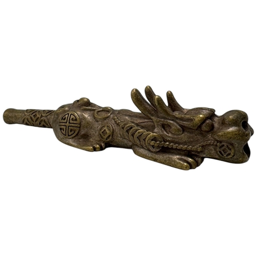 1194 - An vintage Chinese Bronze Dragon Opium Pipe. Engraved Chinese symbols, intricate dragon motifs, and ... 